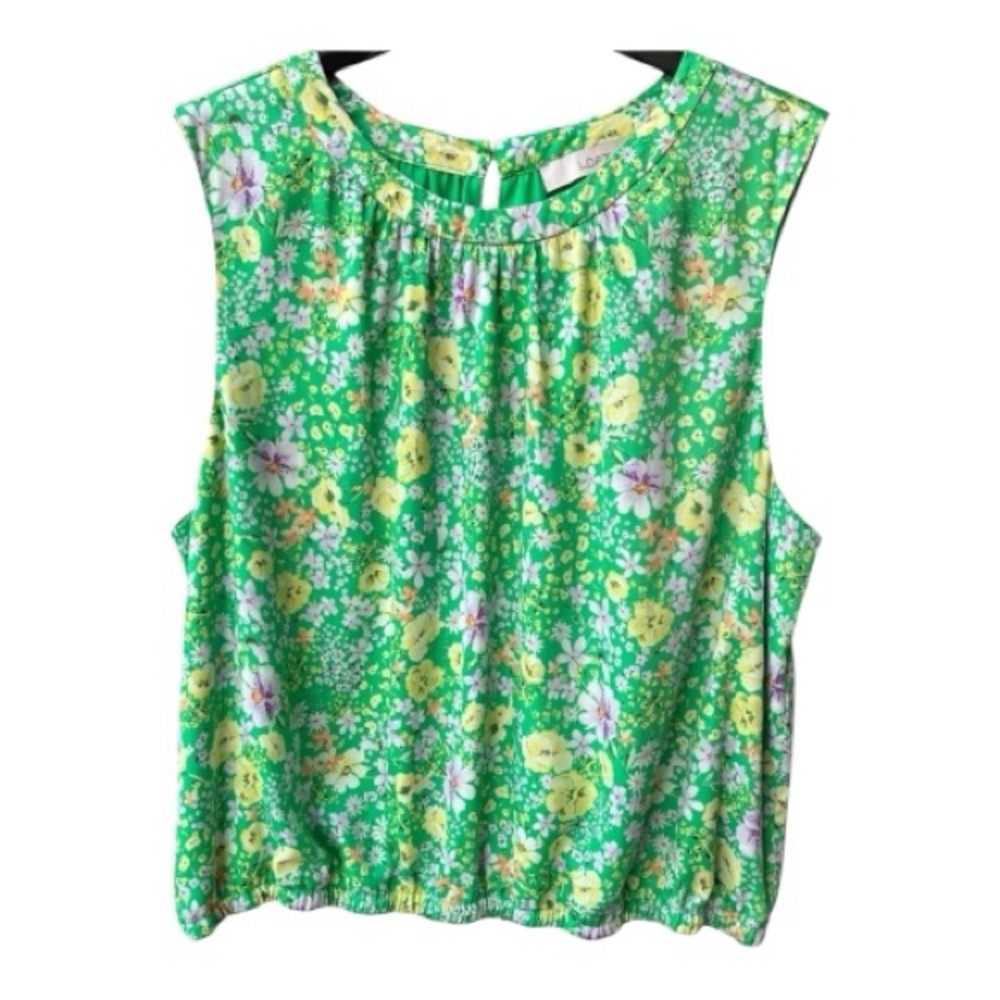 🌻LOFT Green Floral Sleeveless Blouse Size XL Keyhole Back Summer